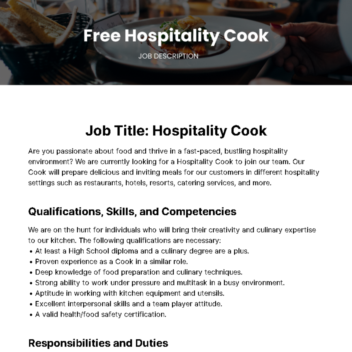 Hospitality Cook Job Description Template