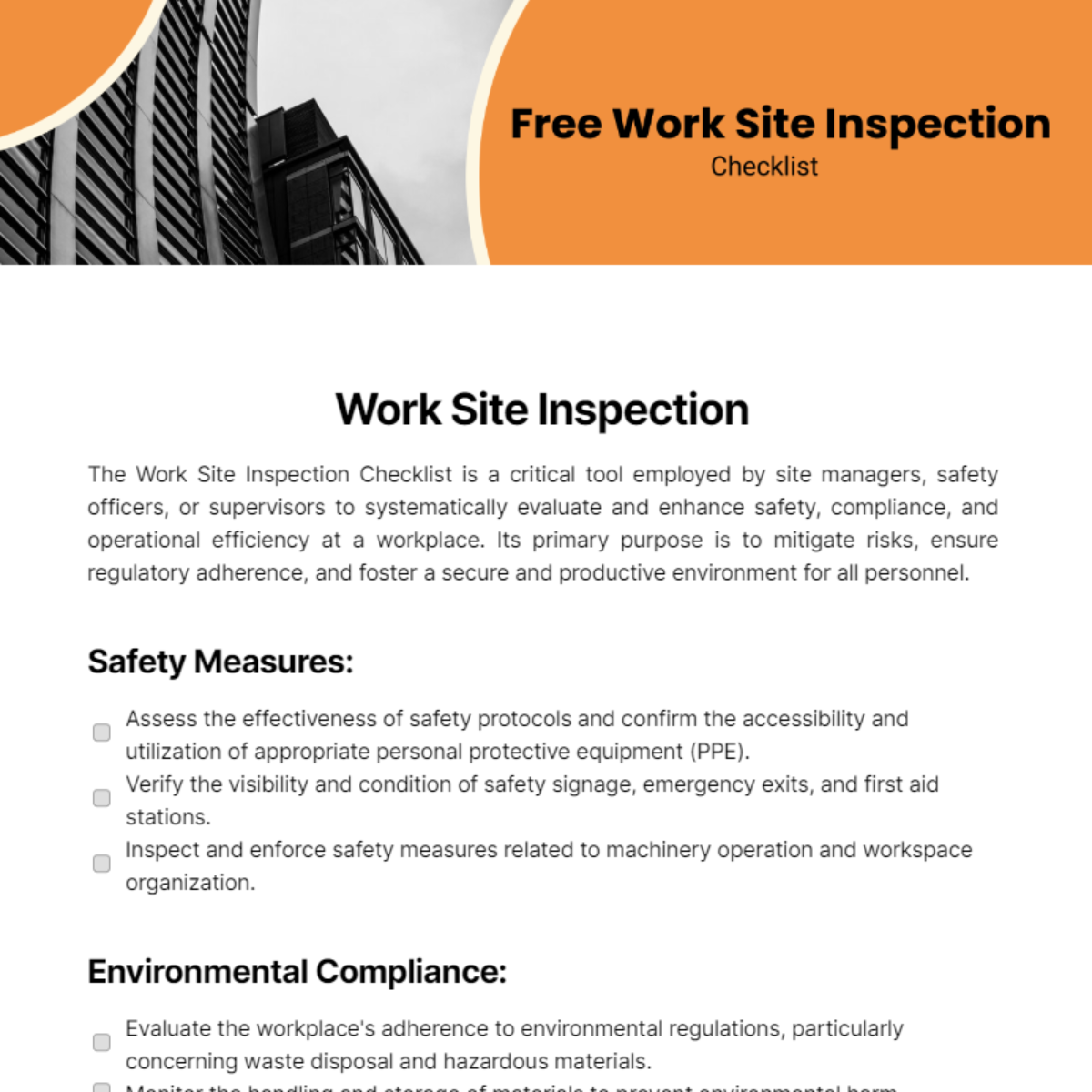 Work Site Inspection Checklist Template