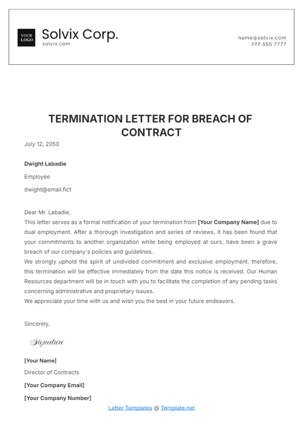 Termination Letter for Breach of Contract Template - Edit Online & Download