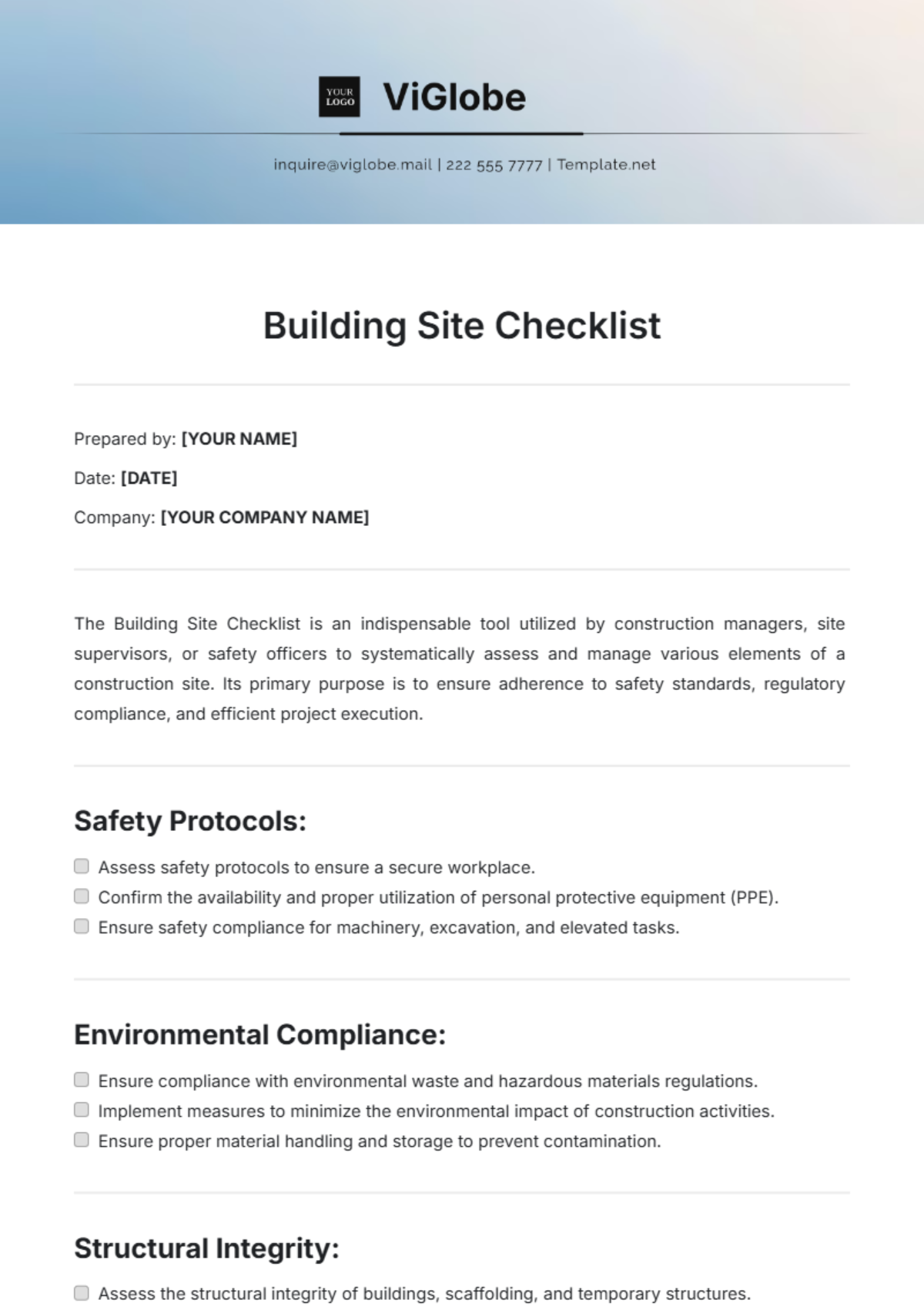 Building Site Checklist Template - Edit Online & Download