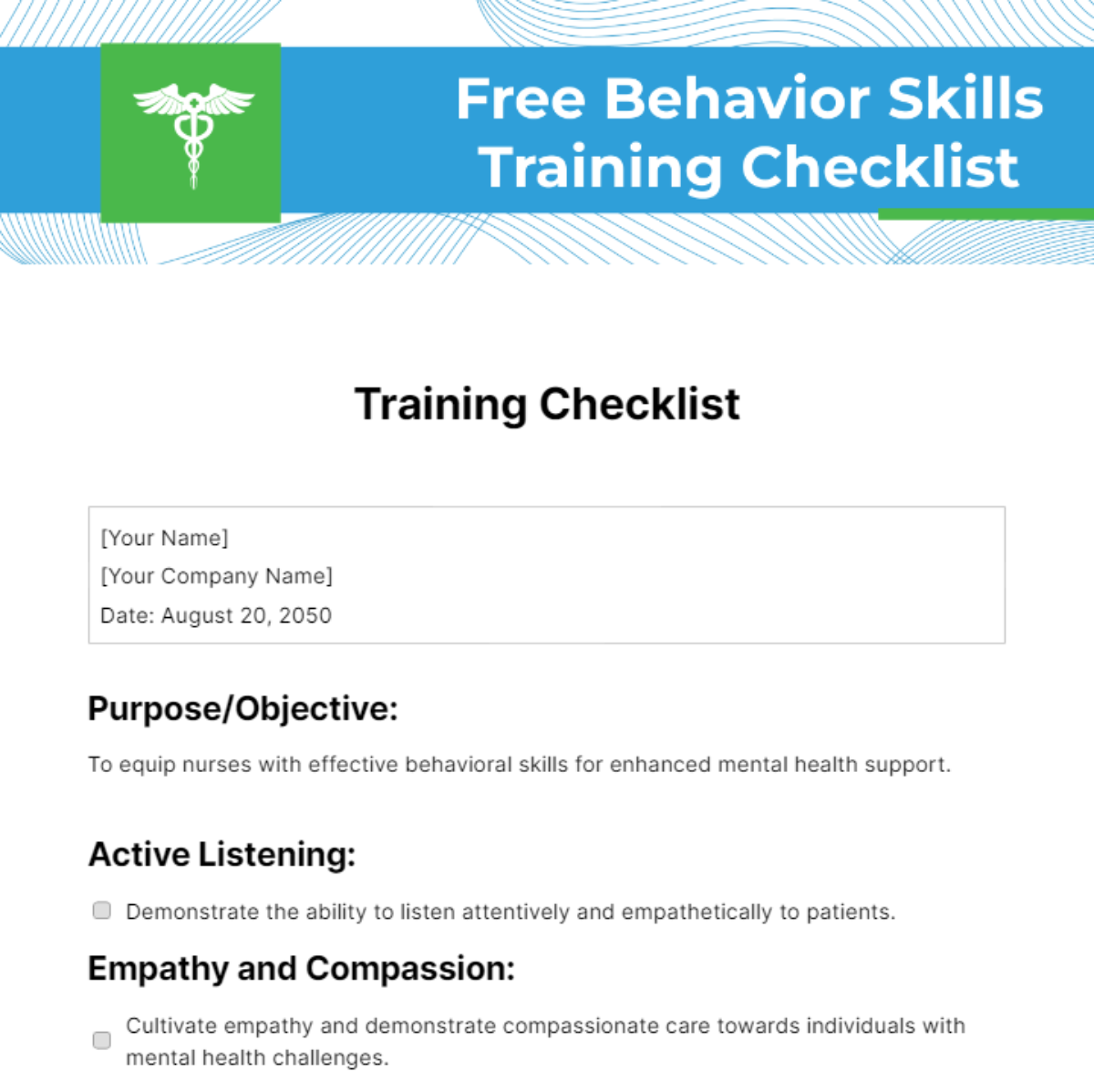 Free Behavior Skills Training Checklist Template