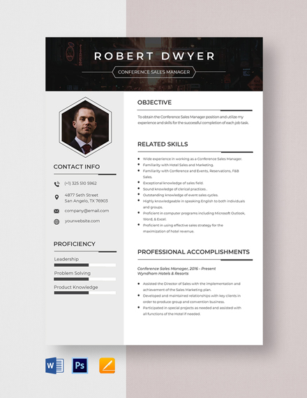 Conference Sales Manager Resume Template - Word, Apple Pages, PSD