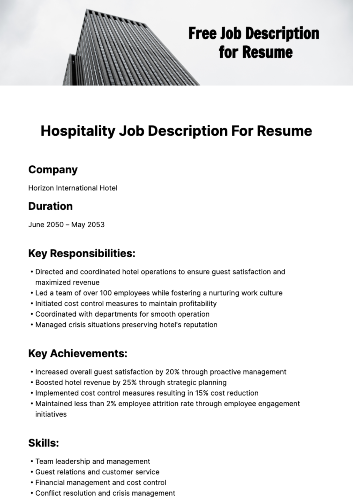 Free Hospitality Job Description For Resume Template