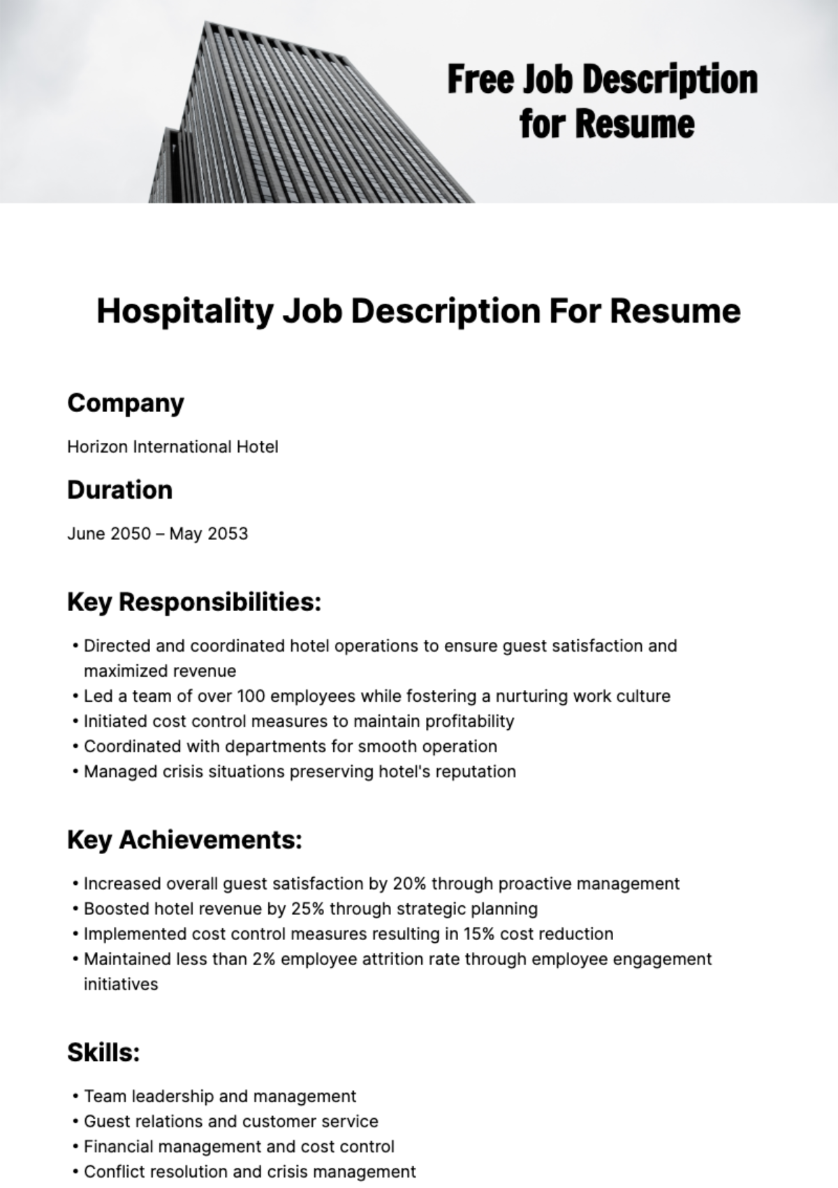 Hospitality Job Description For Resume Template - Edit Online & Download