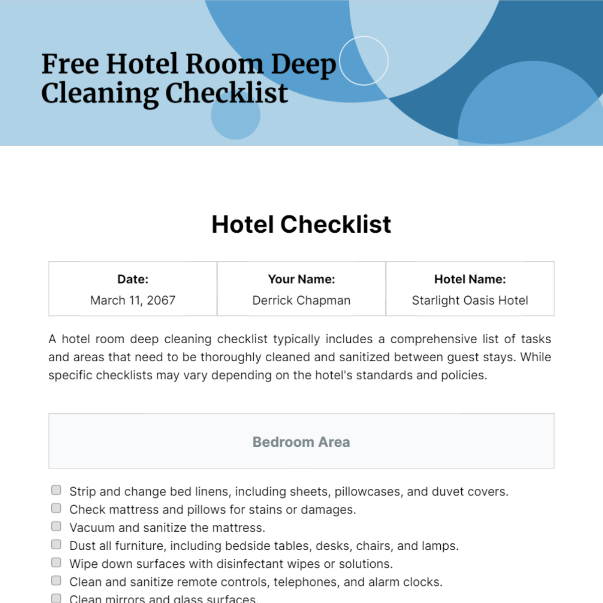 Hotel Room Deep Cleaning Checklist Template