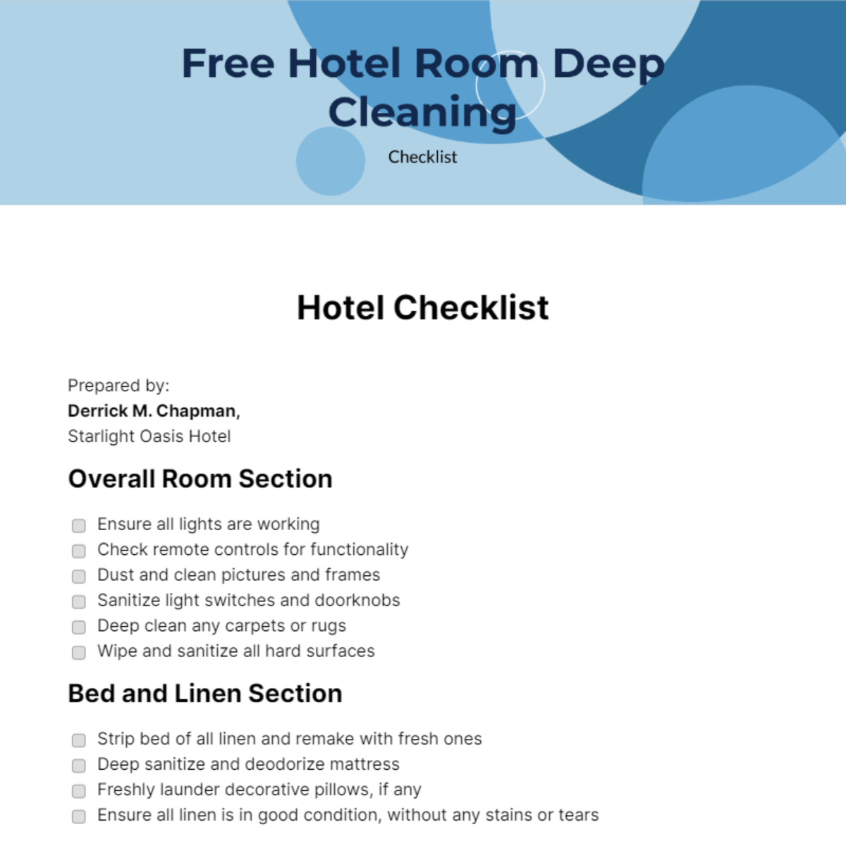 Free Hotel Checklist Templates & Examples - Edit Online & Download 