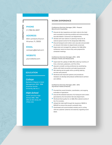Conference Services Manager Resume Template