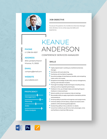 Conference Services Manager Resume Template - Word, Apple Pages, PSD