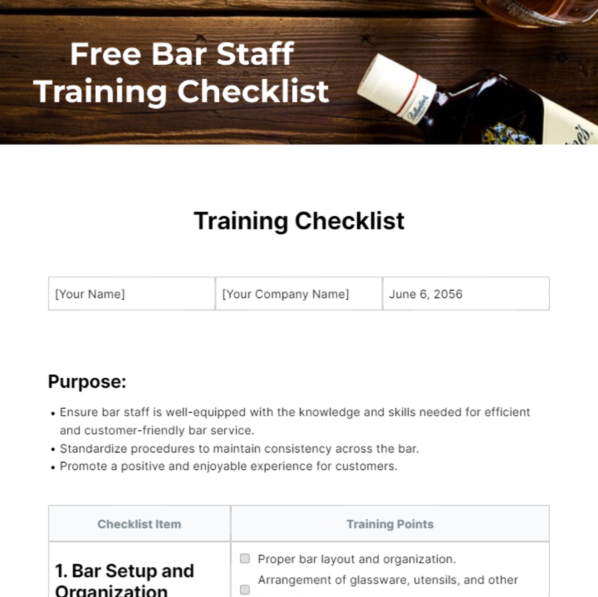 Free Bar Staff Training Checklist Template