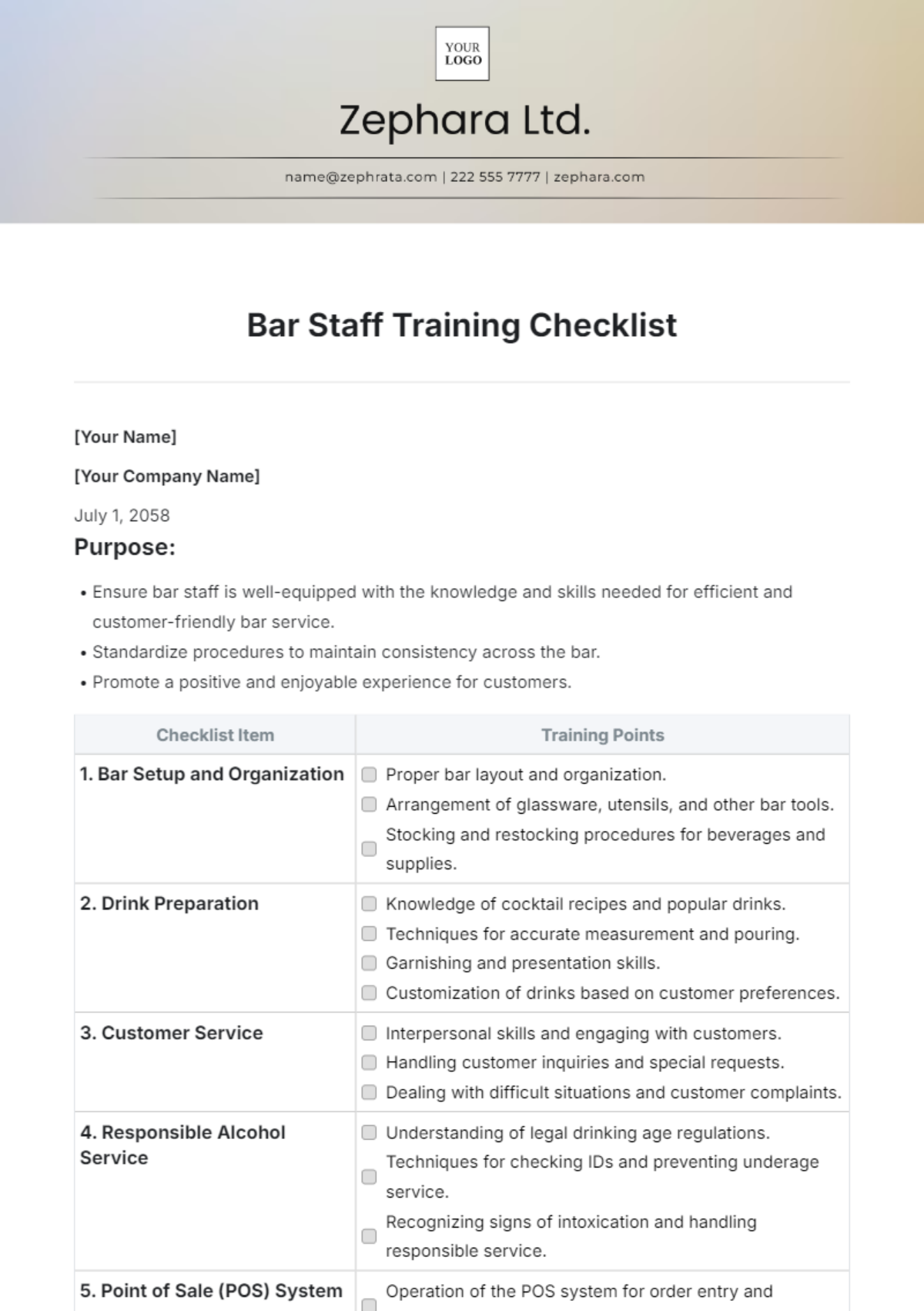 Bar Staff Training Checklist Template - Edit Online & Download