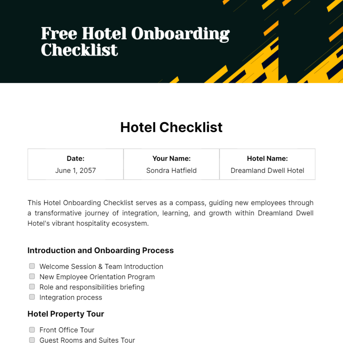 Hotel Onboarding Checklist Template
