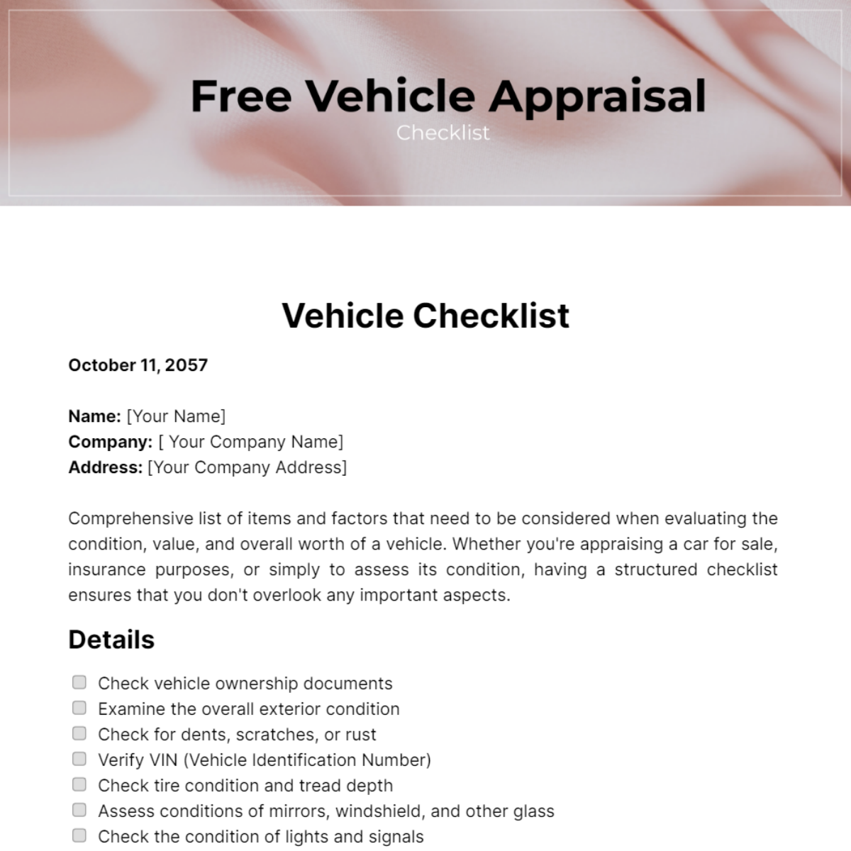 Free Vehicle Appraisal Checklist Template