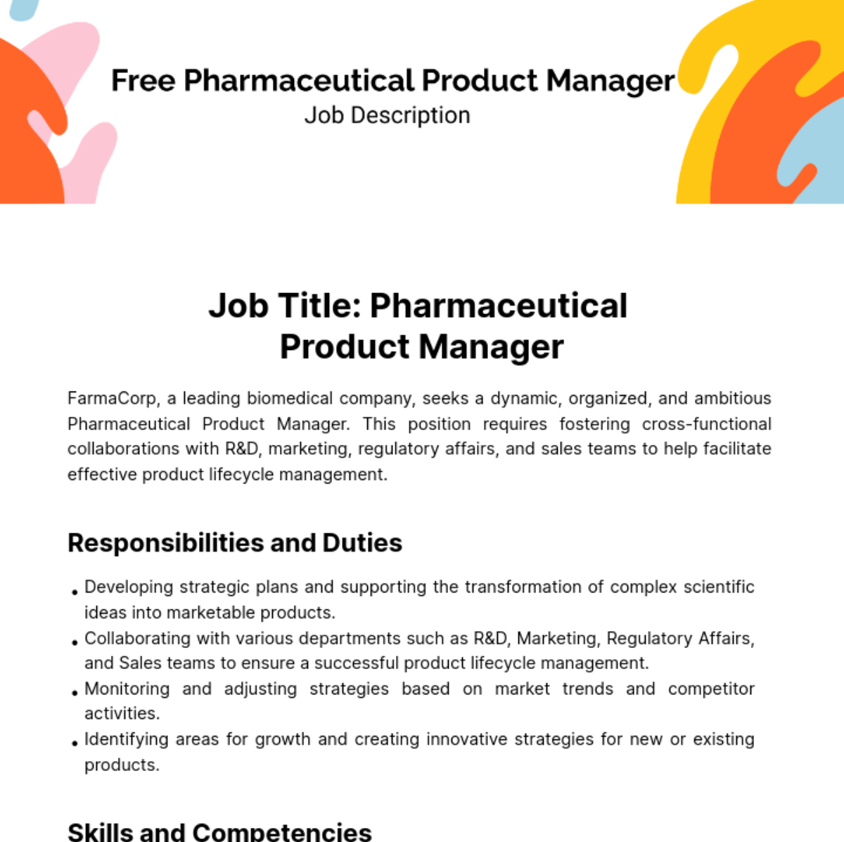 Pharmaceutical Product Manager Job Description Template