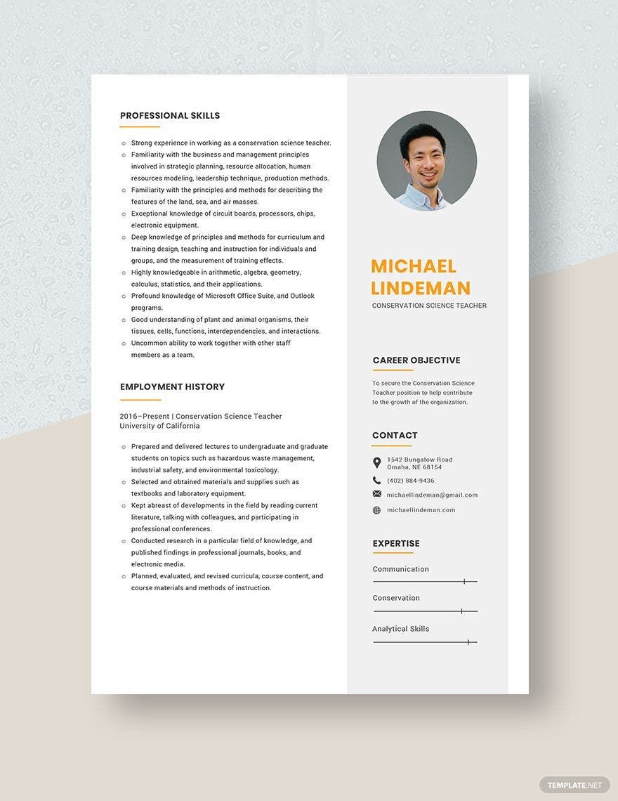 Free Conservation Science Teacher Resume Template