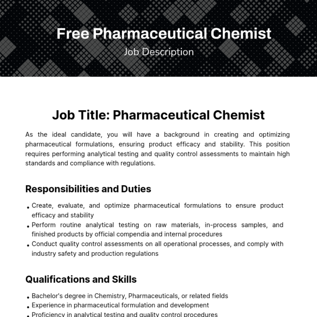 Free Pharmaceutical Chemist Job Description Template