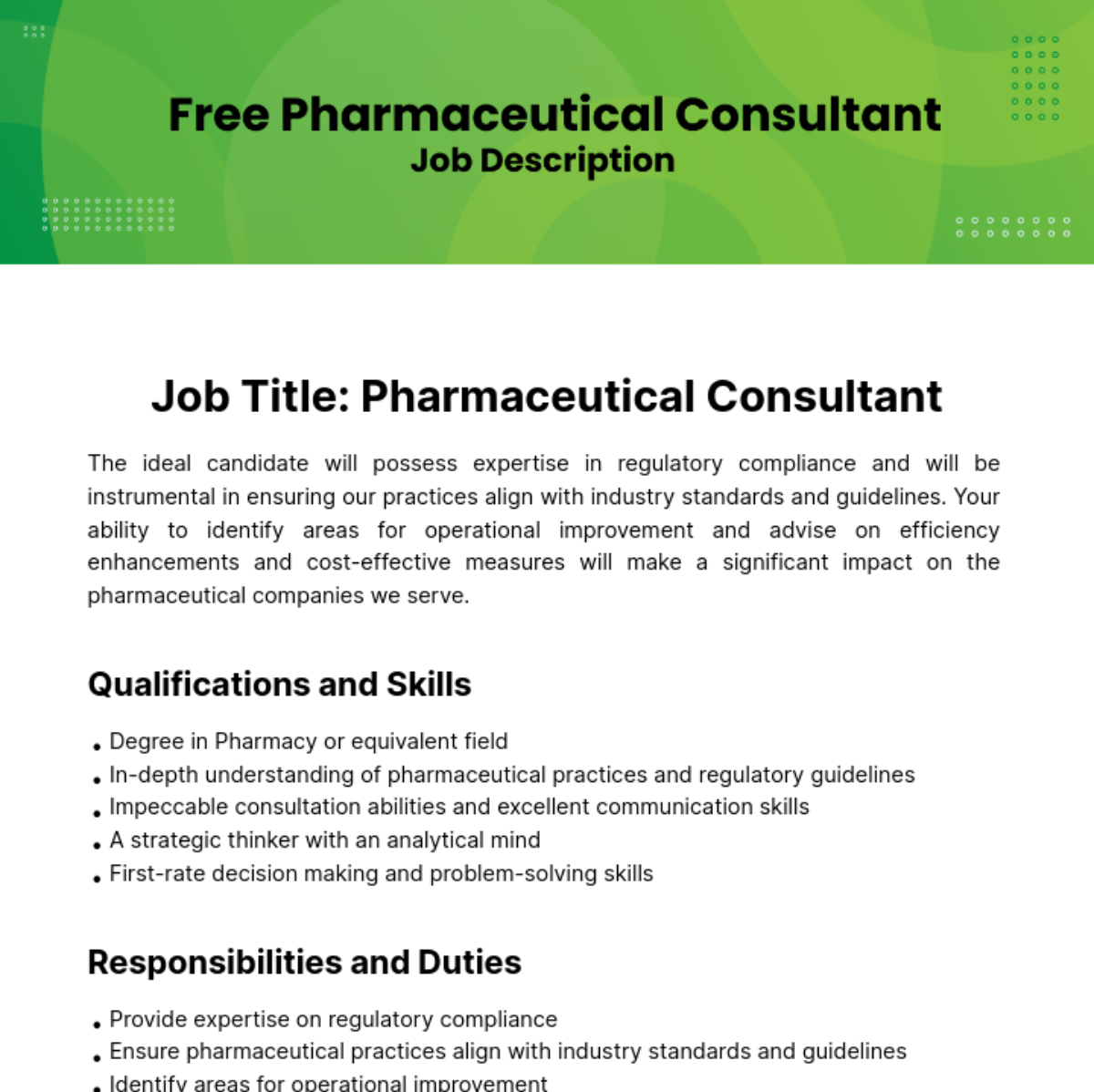 Free Pharmaceutical Consultant Job Description Template