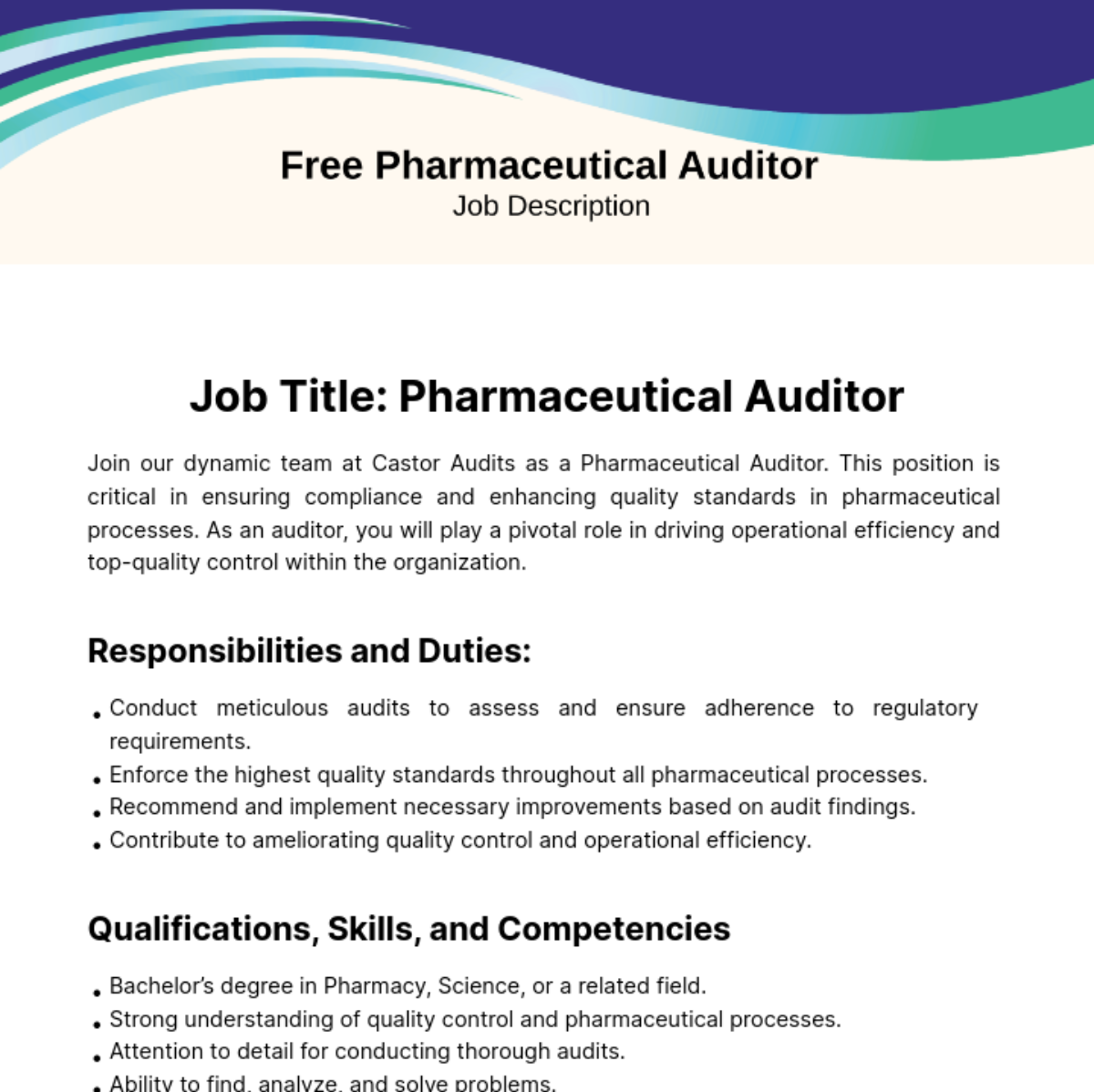 Free Pharmaceutical Auditor Job Description Template