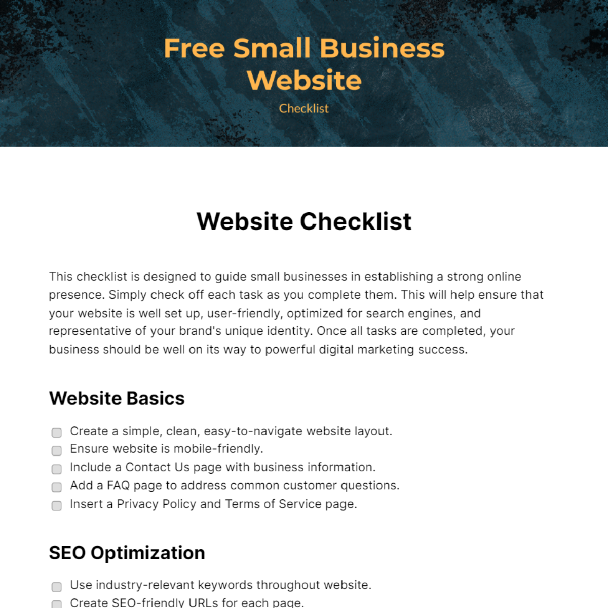 Free Small Business Website Checklist - Edit Online & Download 