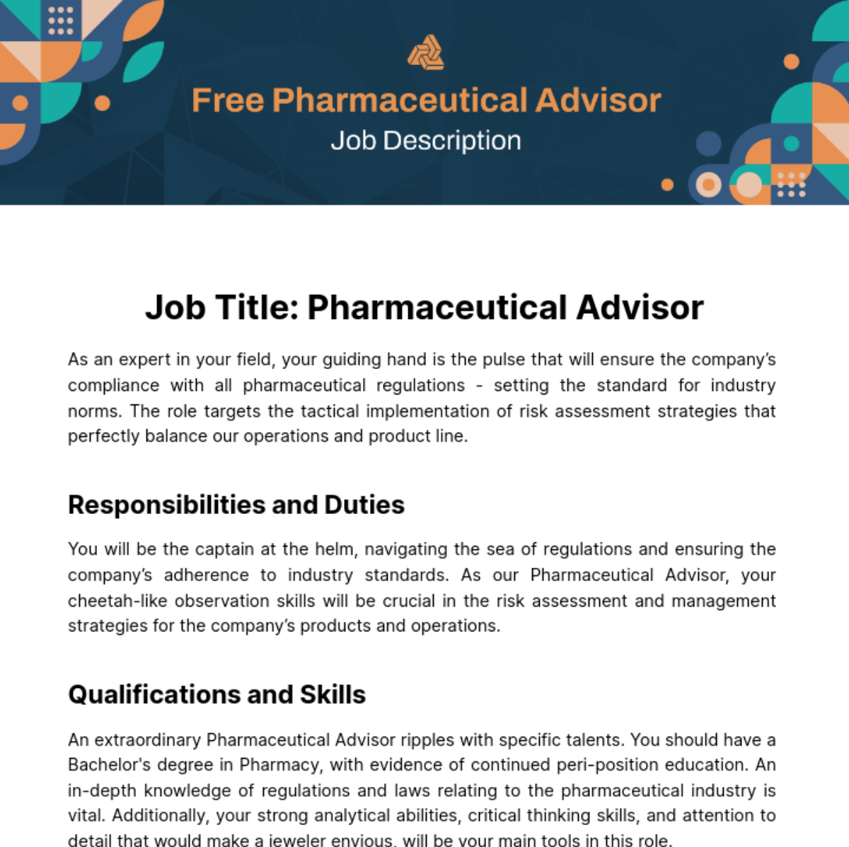 Free Pharmaceutical Advisor Job Description Template