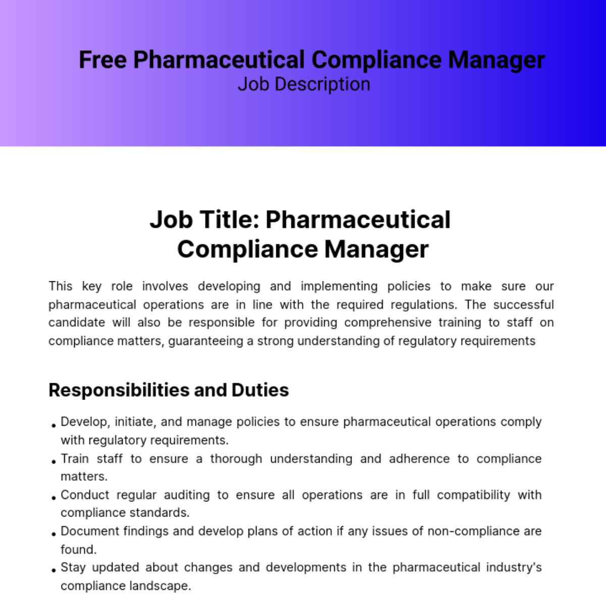Free Pharmaceutical Compliance Manager Job Description Template