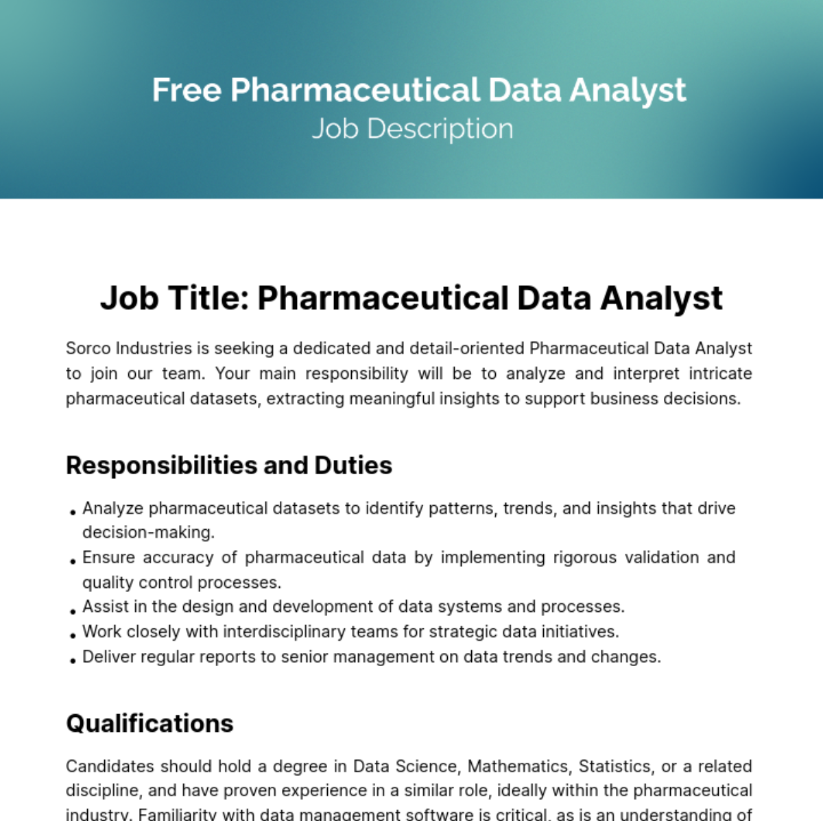 Free Pharmaceutical Data Analyst Job Description Template