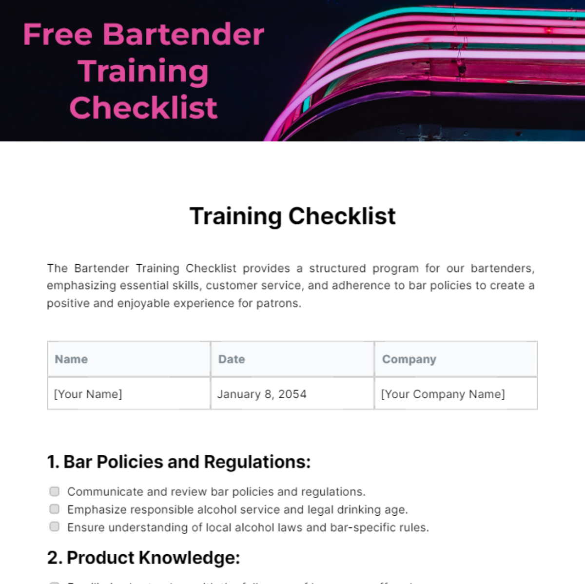 Bartender Training Checklist Template