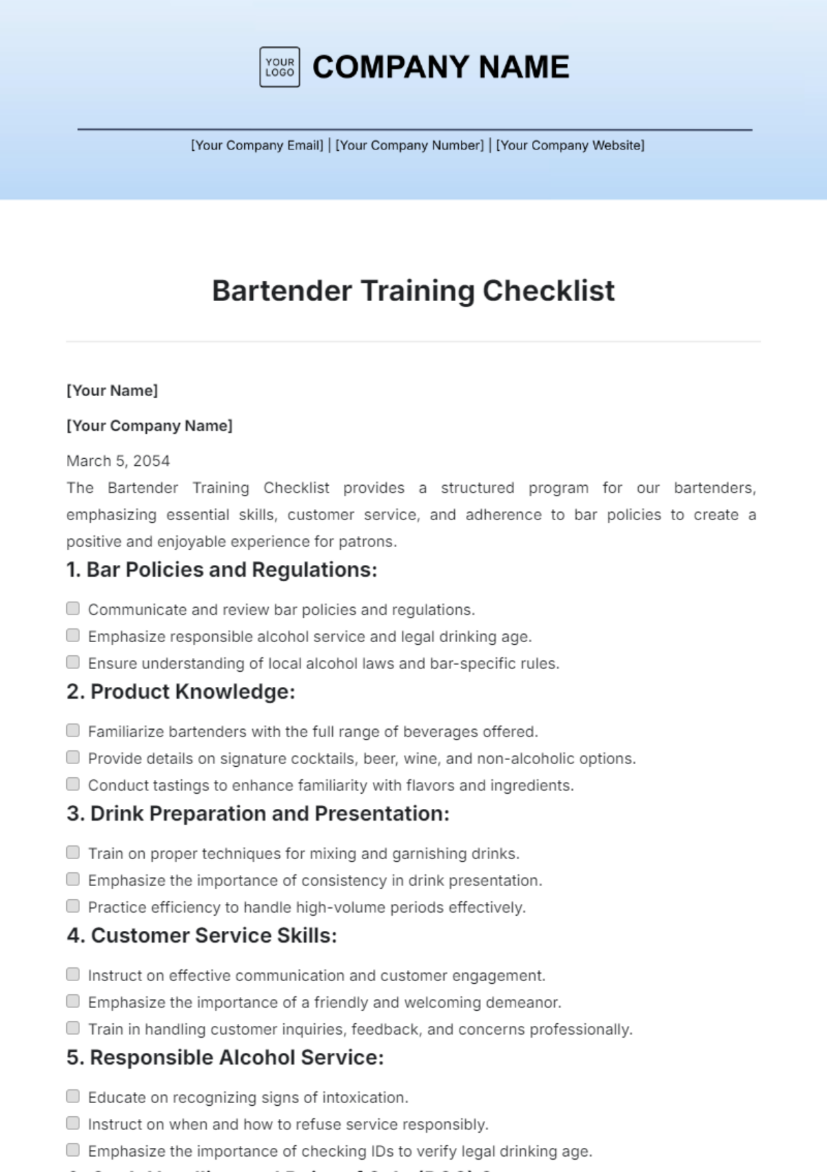 Bartender Training Checklist Template - Edit Online & Download