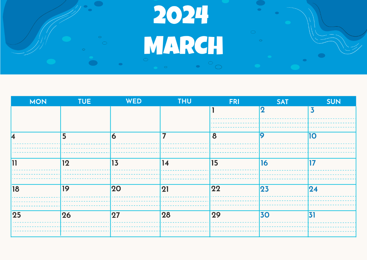 March 2024 Calendar with Lines Template