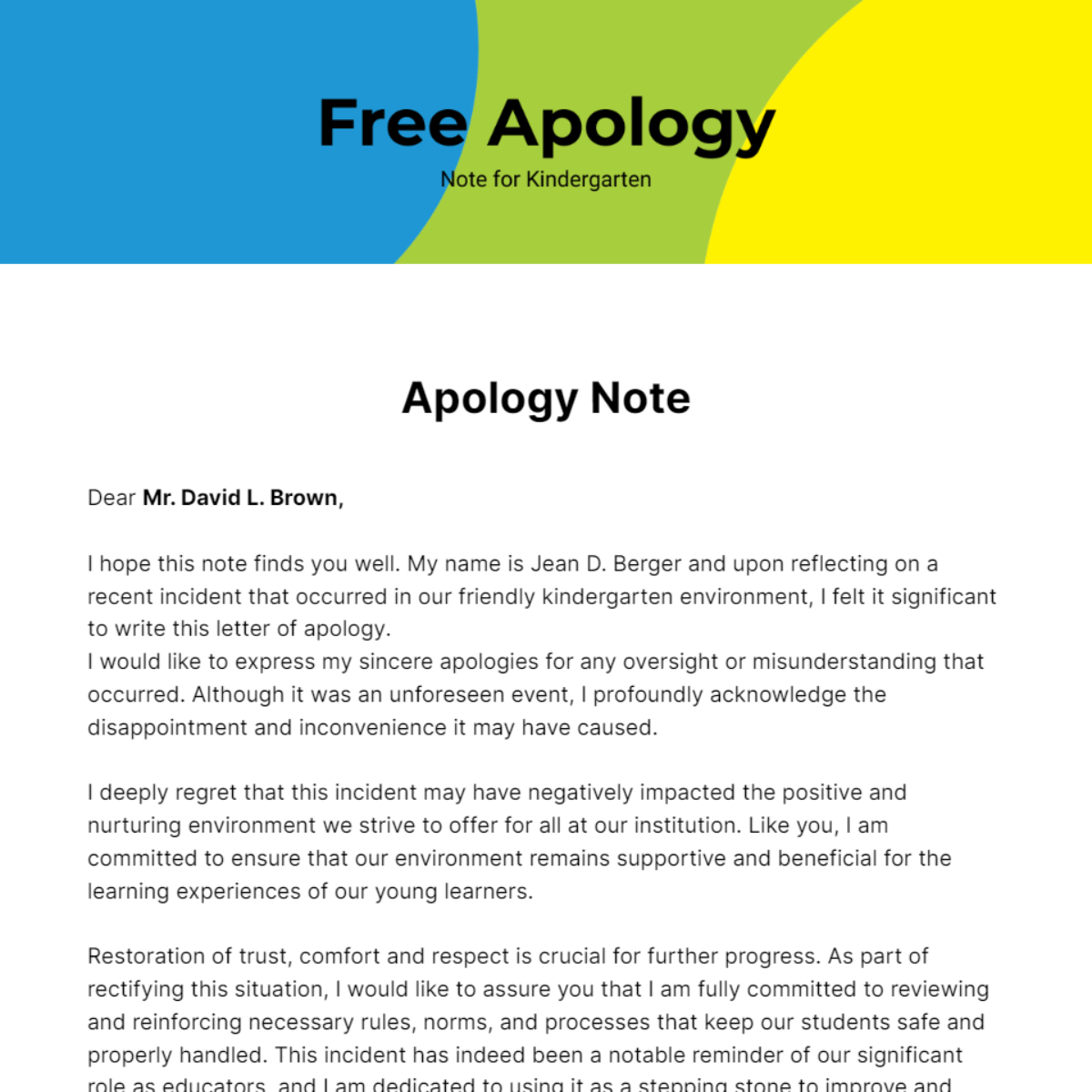 Apology Note for Kindergarten Template