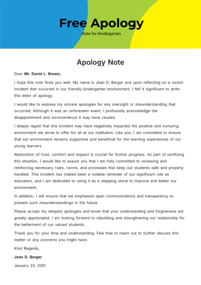 Free Apology Note for Kindergarten Template to Edit Online