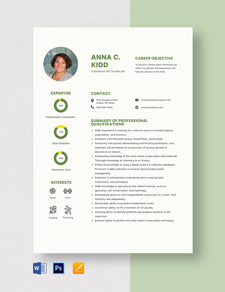 Conservation Technician Resume Template - Word, Apple Pages, PSD