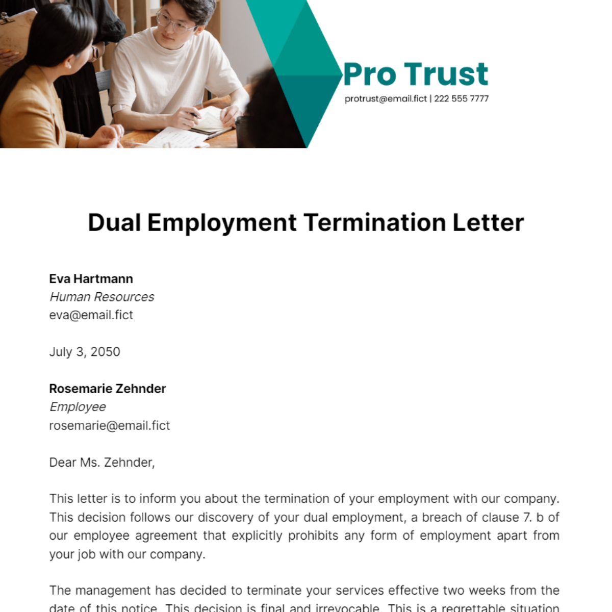 Dual Employment Termination Letter Template