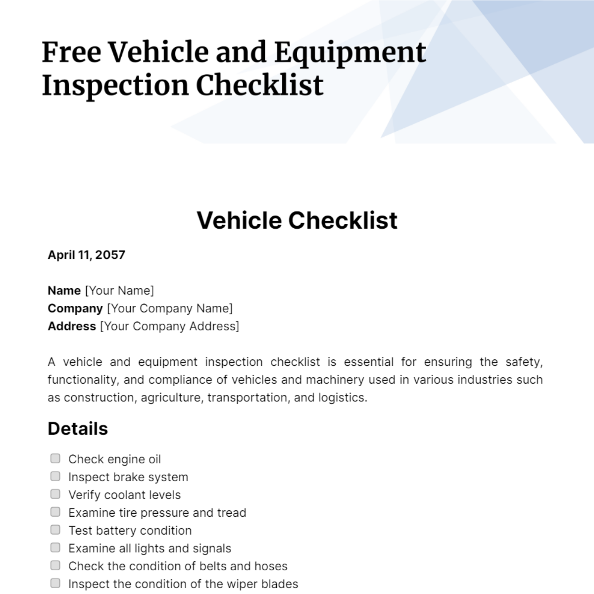 Free Vehicle and Equipment Inspection Checklist Template