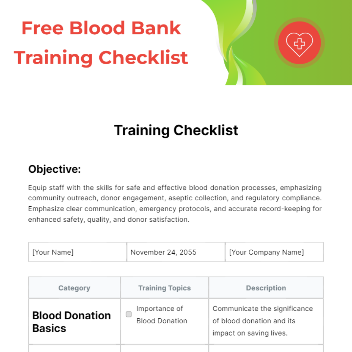 Blood Bank Training Checklist Template