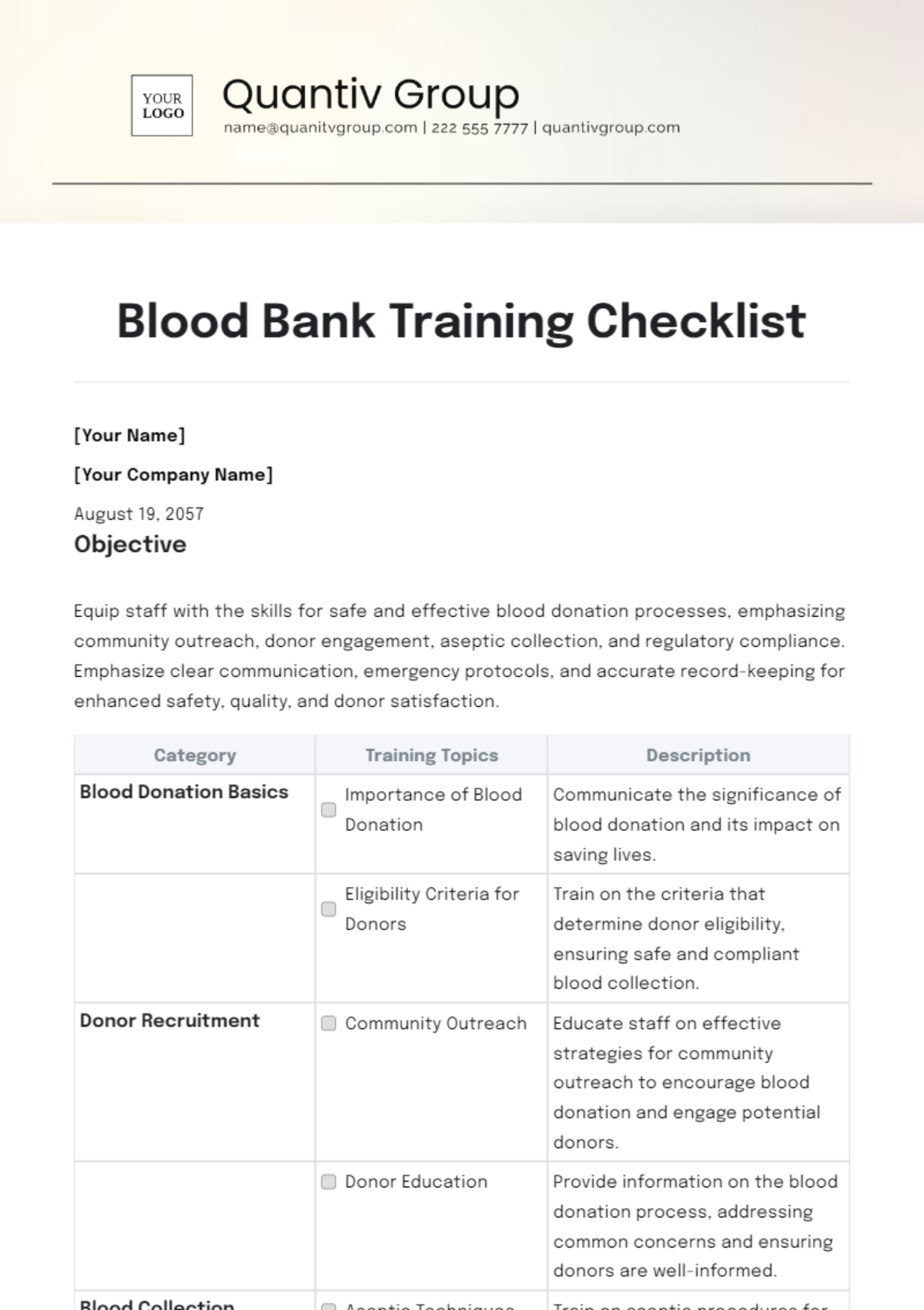 Blood Bank Training Checklist Template - Edit Online & Download