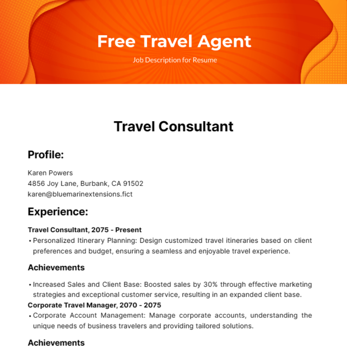 Free Travel Agent Job Description for Resume Template