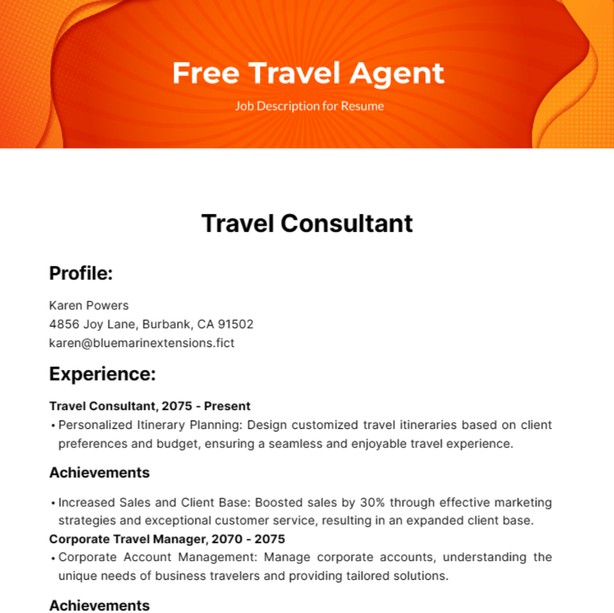 Travel Agent Job Description For Resume Template Edit Online 