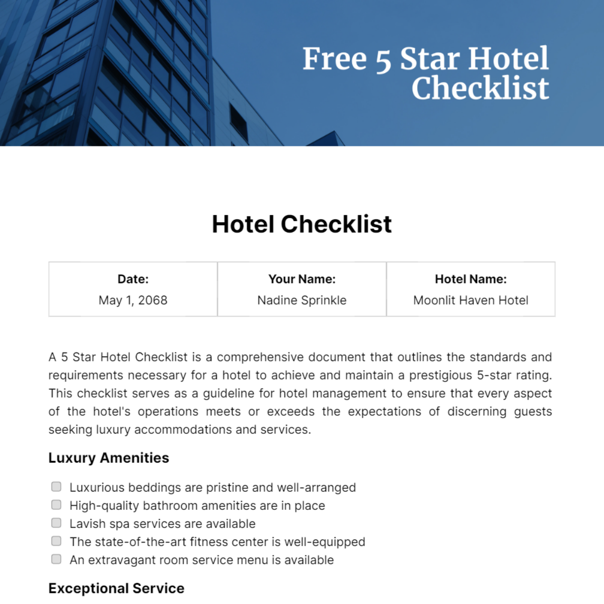 5 Star Hotel Checklist Template