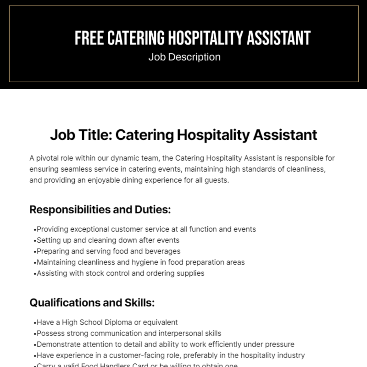 Free Catering Hospitality Assistant Job Description Template