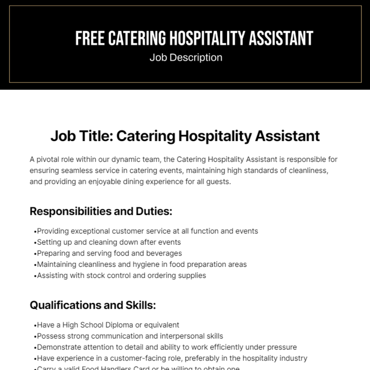 Catering Hospitality Assistant Job Description Template - Edit Online & Download