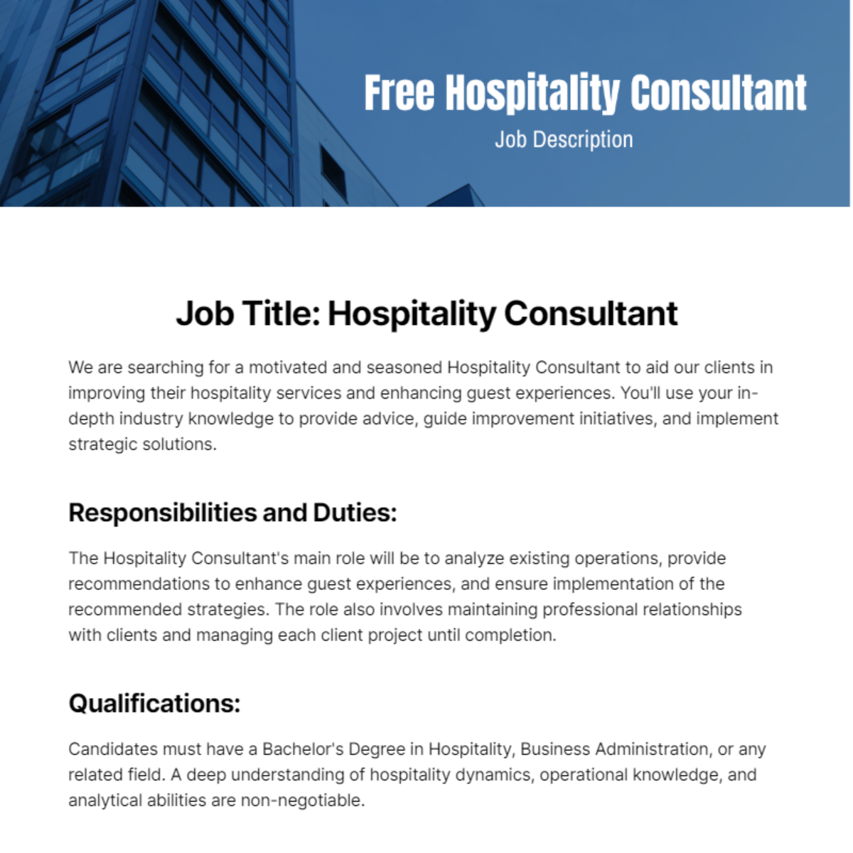 Free Hospitality Consultant Job Description Template