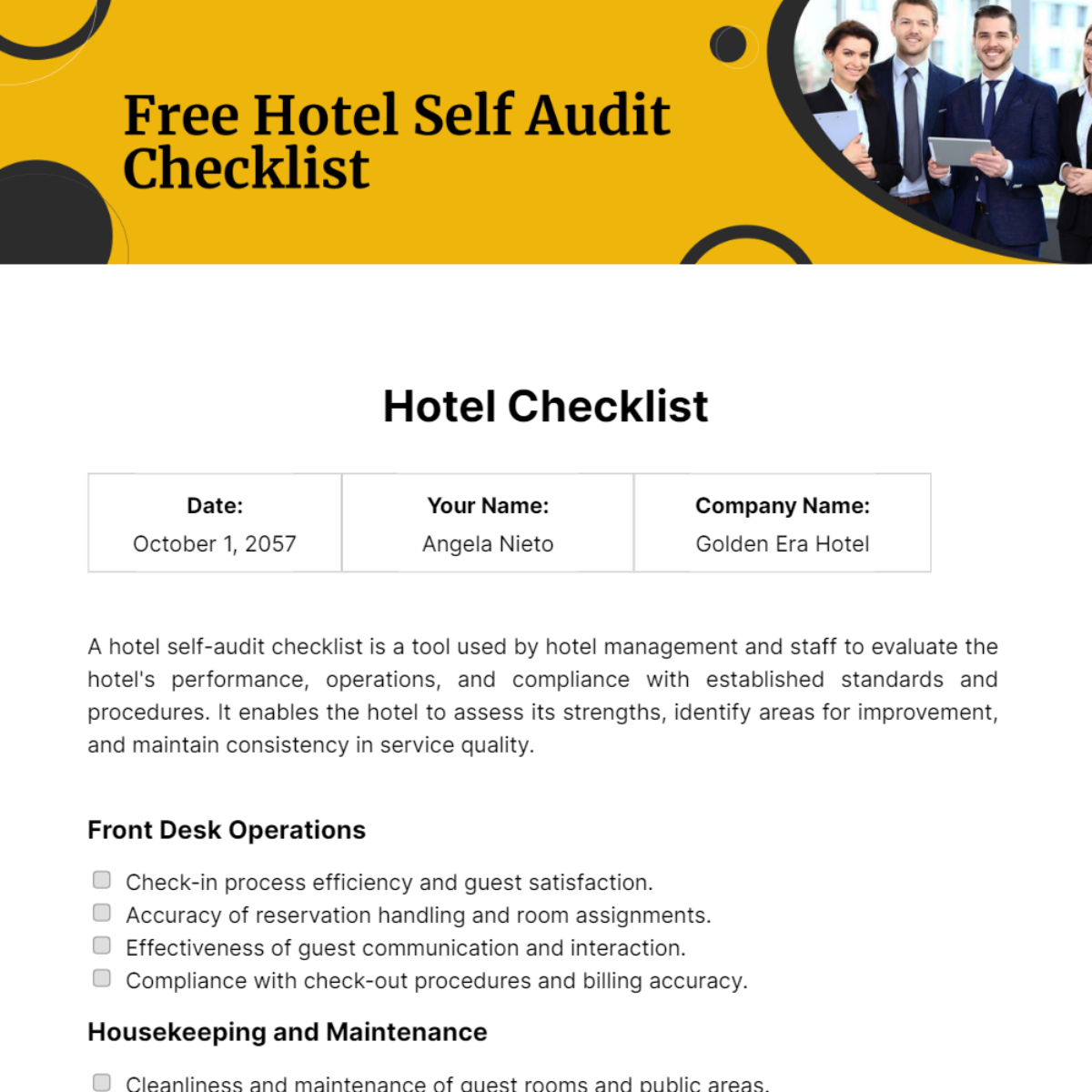 Free Hotel Self Audit Checklist Template