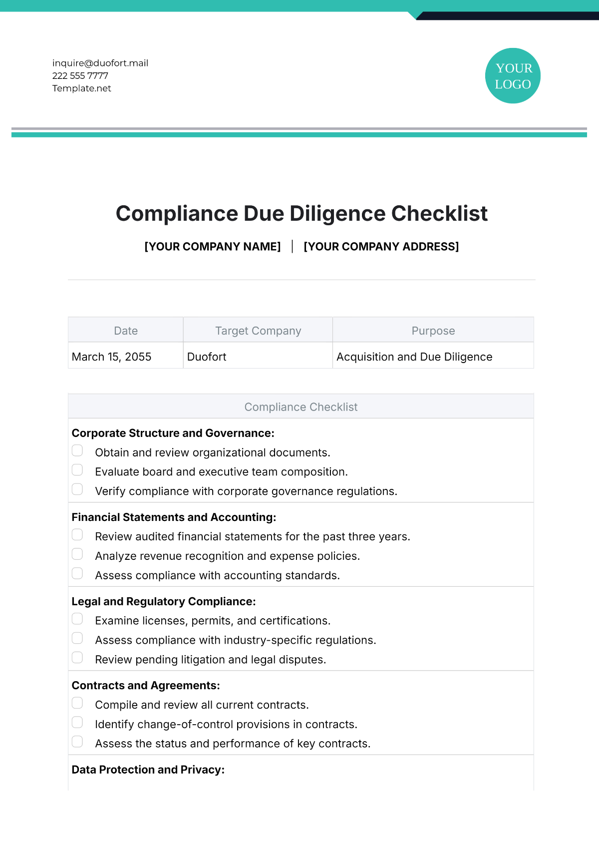 Compliance Due Diligence Checklist Template - Edit Online & Download