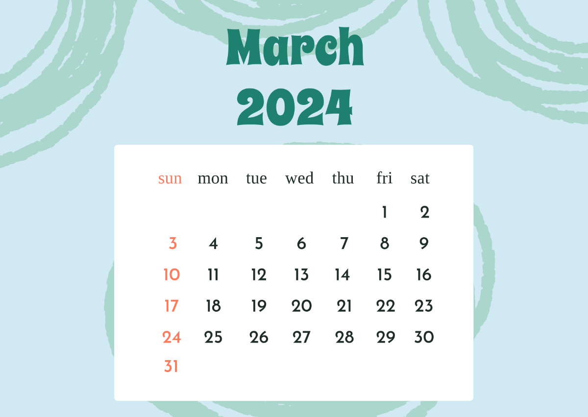 March 2024 Calendar Landscape Template
