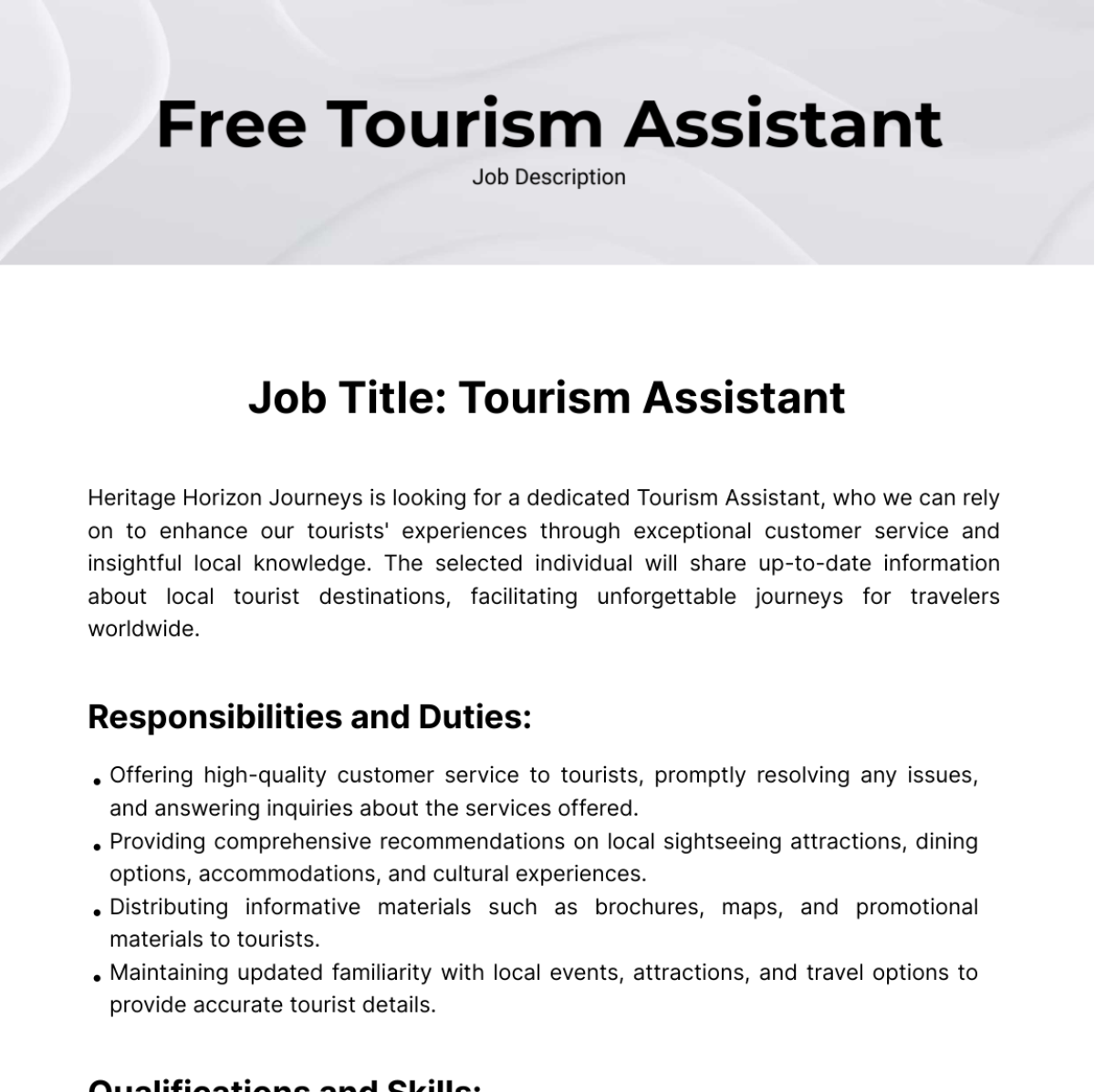 Tourism Assistant Job Description Template