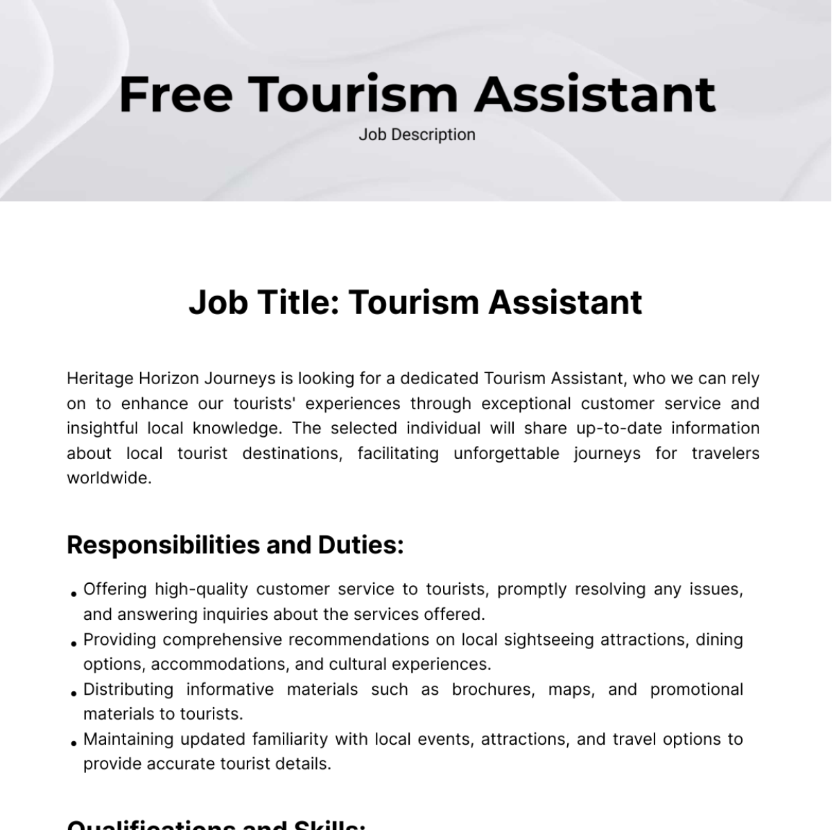 Tourism Assistant Job Description Template Edit Online Download 