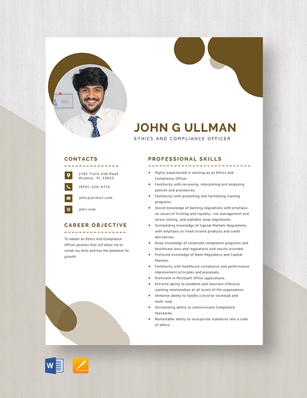 Ethics And Compliance Officer Resume Template - Word, Apple Pages