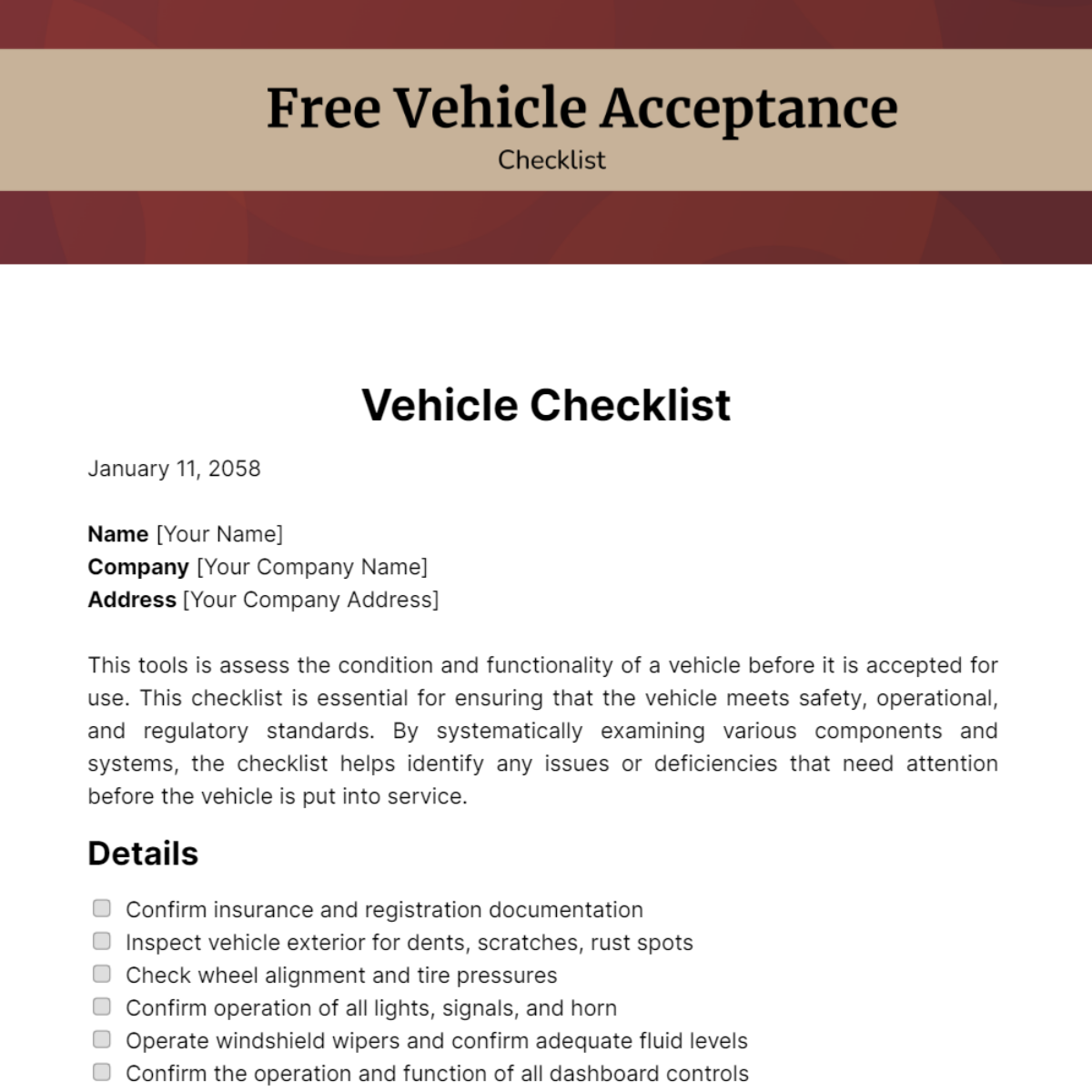 Free Vehicle Acceptance Checklist Template