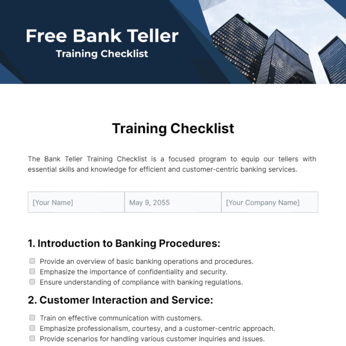 Bank Teller Training Checklist Template