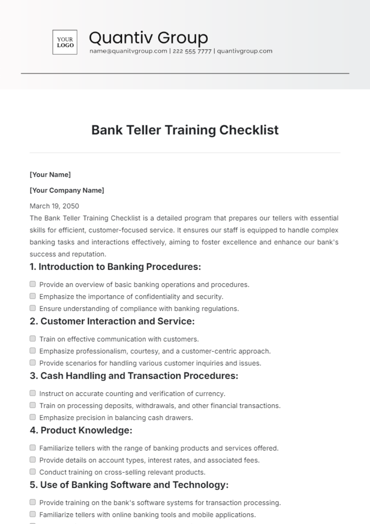 Bank Teller Training Checklist Template - Edit Online & Download